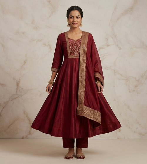 Royal Maroon Silk Blend Anarkali Suit Set