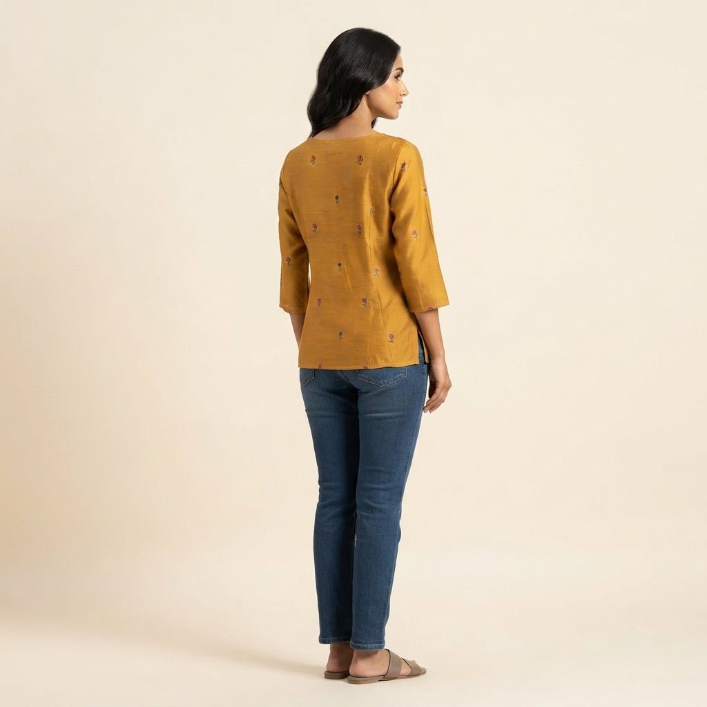 Mustard Yellow Floral Cotton Short Kurti | Embroidered Neckline - SUMETA DESIGNS