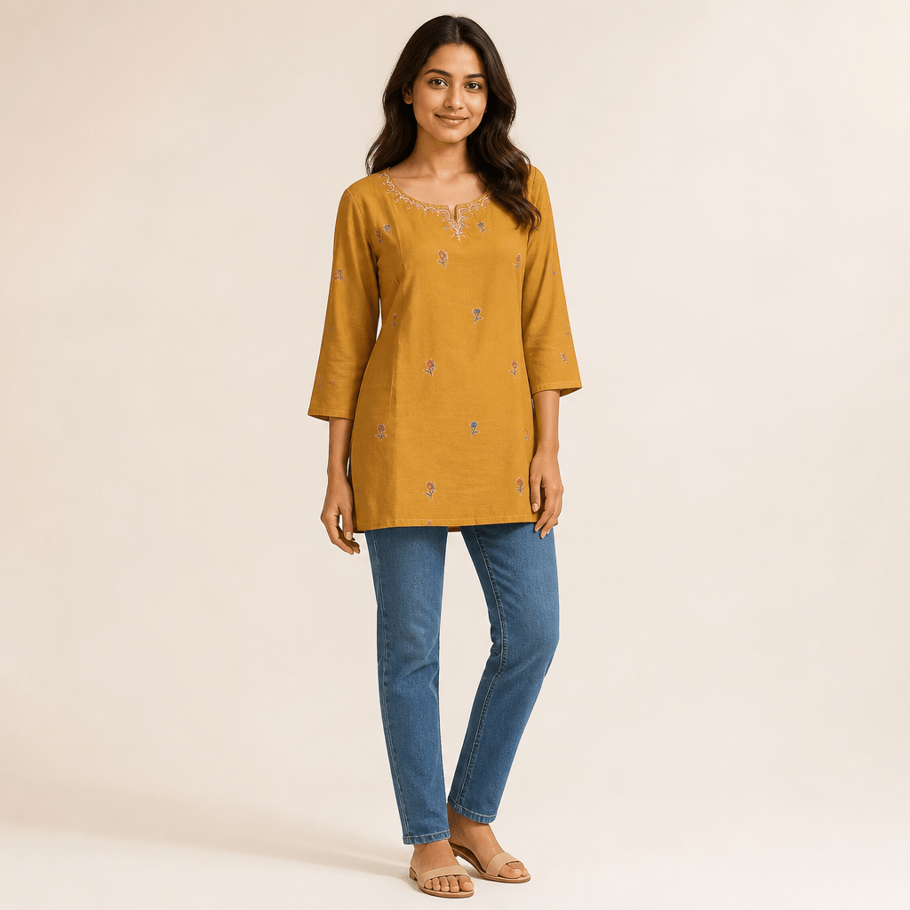 Mustard Yellow Floral Cotton Short Kurti | Embroidered Neckline - SUMETA DESIGNS