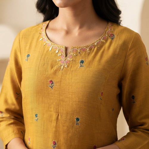 Mustard Yellow Floral Cotton Short Kurti | Embroidered Neckline - SUMETA DESIGNS