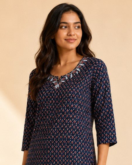 Navy Blue Printed Cotton Short Kurti with Embroidered Neckline - SUMETA DESIGNS