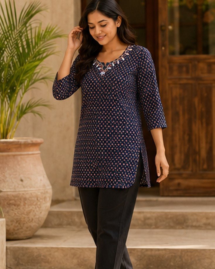 Navy Blue Printed Cotton Short Kurti with Embroidered Neckline - SUMETA DESIGNS
