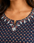 Navy Blue Printed Cotton Short Kurti with Embroidered Neckline - SUMETA DESIGNS