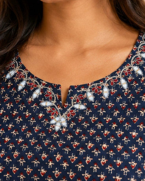 Navy Blue Printed Cotton Short Kurti with Embroidered Neckline - SUMETA DESIGNS