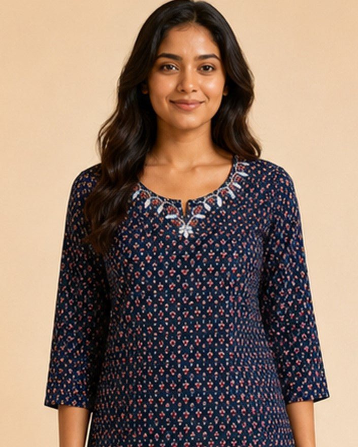 Navy Blue Printed Cotton Short Kurti with Embroidered Neckline - SUMETA DESIGNS