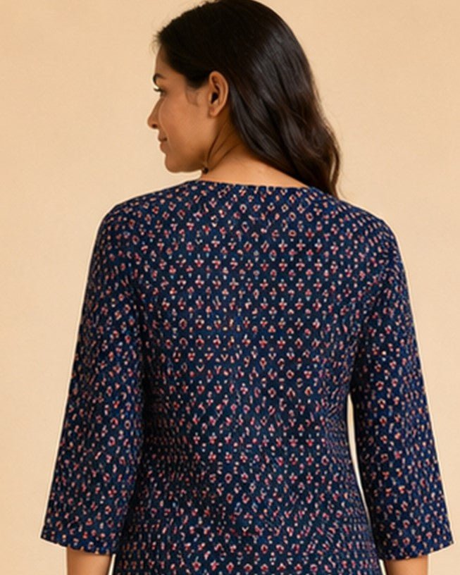 Navy Blue Printed Cotton Short Kurti with Embroidered Neckline - SUMETA DESIGNS
