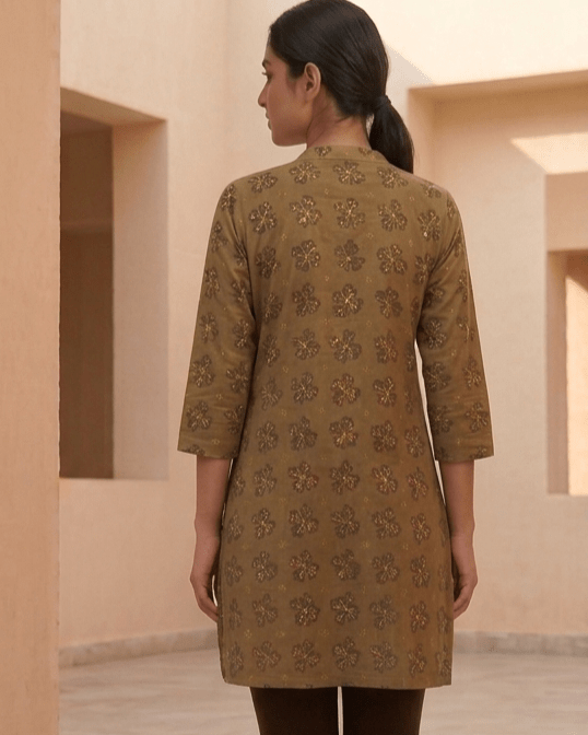 Olive Green Ikat Motif Cotton Short Kurti - SUMETA DESIGNS