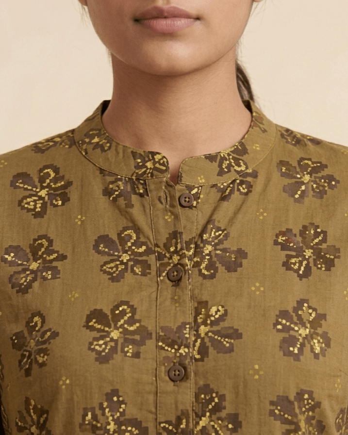 Olive Green Ikat Motif Cotton Short Kurti - SUMETA DESIGNS