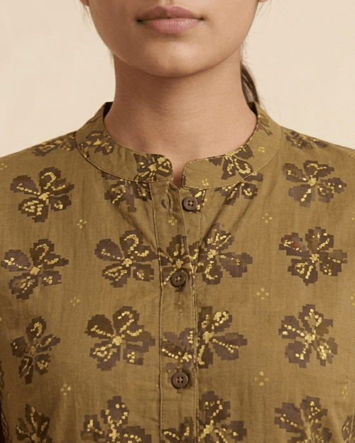 Olive Green Ikat Motif Cotton Short Kurti - SUMETA DESIGNS