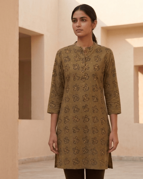 Olive Green Ikat Motif Cotton Short Kurti - SUMETA DESIGNS