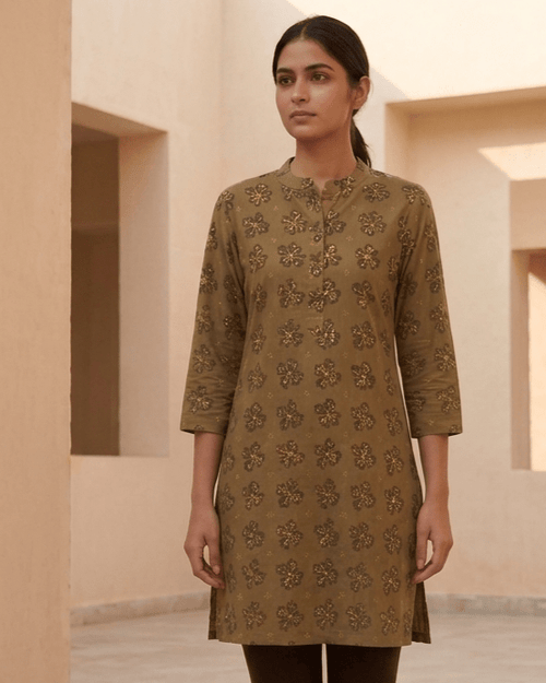 Olive Green Ikat Motif Cotton Short Kurti - SUMETA DESIGNS