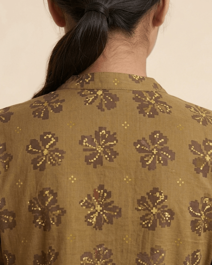Olive Green Ikat Motif Cotton Short Kurti - SUMETA DESIGNS