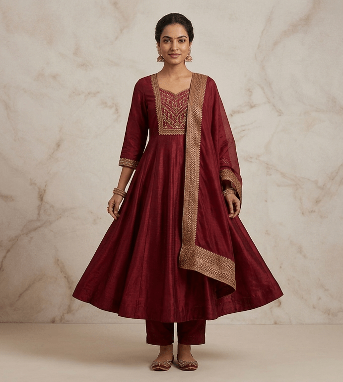 Royal Maroon Silk Blend Anarkali Suit Set - SUMETA DESIGNS
