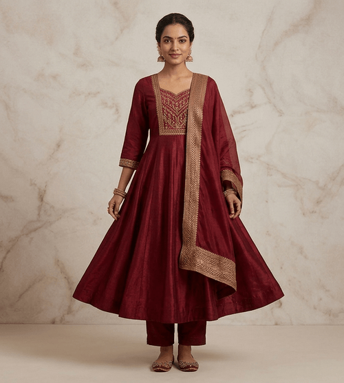 Royal Maroon Silk Blend Anarkali Suit Set - SUMETA DESIGNS