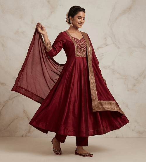 Royal Maroon Silk Blend Anarkali Suit Set - SUMETA DESIGNS